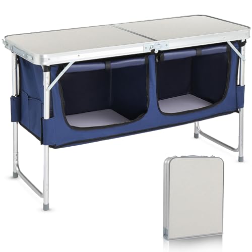 VINGLI 4 Ft Folding Table, Aluminum Camping Table, Picnic Table with Storage, Adjustable Height for Outdoor Beach BBQ Backyards Travel Party (White ＆ Blue) - color: White ＆ Blue