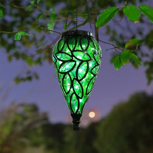 SUNNYPARK Outdoor Plastic Solar Hanging Lantern, 15 Cool White LEDs Twinkle Effect Tear-Shaped Hanging Lantern Decor Garden Decorative Solar Lights for Backyard, Patio and Lawn - style: Green