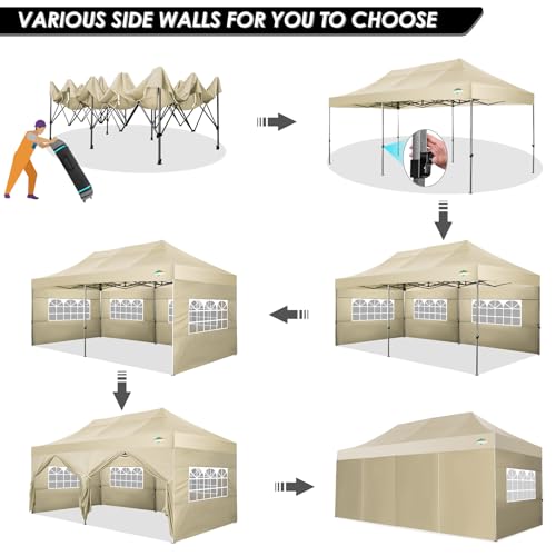 COBIZI 10x20 Canopy with Sidewalls, Heavy Duty Party Tent Pop up carpas para Fiestas, Tents for Parties, Wedding, Outdoor Easy Pop up Foldable Portable Canopy Tent with Wheeled Bag, Khaki Upgrade - color: Khaki, size: 10x20 With Sidewalls