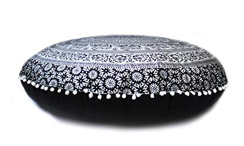 CRAFT KALA Large Hippie Floor Pillow Cover Mandala Meditation Cushion Case Pouf Cover Round Poufs Cover Bohemian Floor Cushion Cover Outdoor Fireplace Yoga Living Room Decor 32" Black Silver Elephant - color: Black Silver Elephant