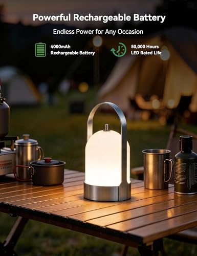 Tubicen Portable LED Outdoor Table Lamp Waterproof, 4000mAh Battery Operated Cordless Table Lamp Rechargeable, 4-Way Touch Dimmable Portable Patio Outdoor Table Lanterns for Patio Dinner Camping - color: Nickel/Waterproof