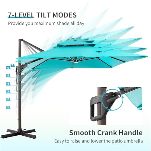 JZAC & QZYD 9x12 FT Outdoor Cantilever Patio Umbrella with LED Lights, Large Heavy Duty 2-Tier Aluminum Offset Umbrellas with 360-Degree Rotation for Pool Deck, Turquoise - color: Turquoise, size: 9'×12'
