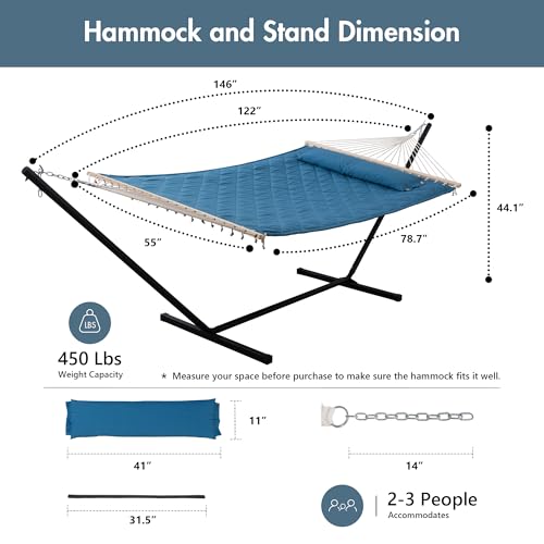 ANOW Double Hammock with 12 Feet Heavy Duty Steel Stand Combo, 2 Person Quilted Hammock with Stand for Outside, 450 LBS Weight Capacity, Blue - color: Blue, size: 2 Person With Stand
