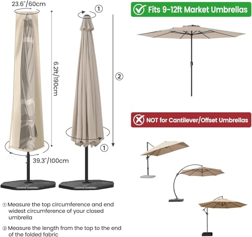 OKPOW Umbrella Cover 420D Oxford Fabric Patio Umbrella Covers Waterproof with Zip, for 9ft to 12ft Garden Outdoor Umbrella (Khaki) - color: Beige, size: Fit for 9-12 Feet Market Umbrella