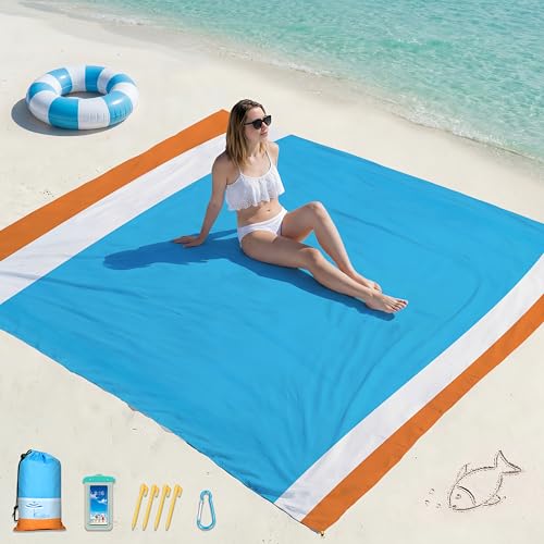 Famstar Beach Blanket Oversized Extra Large78 X 81",Waterproof Sandproof Beach Blanket 1-7 Adults Lightweight Durable for Travel Camping Hiking Picnic (78" X 81", Orange&Blue) - color: Orange, size: 78" X 81"