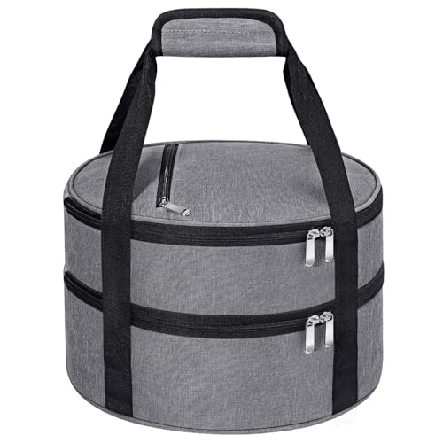 Round Double Insulated Casserole Carrier – 12" Portable Pie Carrier Bag for Hot or Cold Food, Leakproof Thermal Lunch Tote with Handle for Parties Picnic & Travel - Grey - color: Gray, size: Double