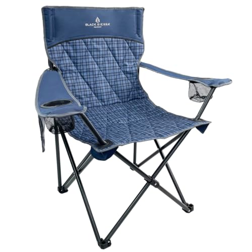 Black Sierra Quilted Padded Camping Chair, Oversized Heavy Duty Outdoor Lounge Seat Supports 300 lbs, Portable, Folding with Cup Holder for Beach, Tailgating, Sports, Patio - color: Blue Plaid