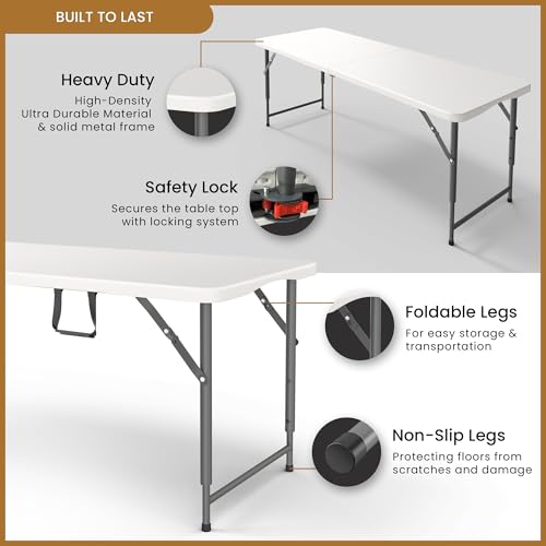 5.5 Feet ADJUSTABLE Foldable Table with Built in Handle & Steel Legs | 5.5FT Heavy Duty Folding Portable | Perfect for Party, Dining, Wedding, Events, Picnic Indoor, Outdoor, Camping, Utility, Folding - color: White, size: 5.5 FT