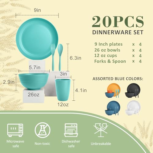 Wrova Wheat Straw Dinnerware Sets of 20,Dishwasher Safe Kitchen Plates and Bowls Sets,Camping Dishes Sets Contains Dinner Plates,Cereal Bowls,Drinking Cups and Flatware.(Green) - color: Green, size: 20 Pack