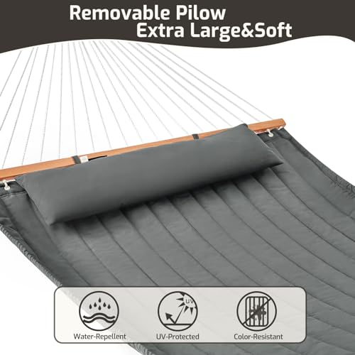 CHULIM Double Quilted Fabric Hammock with Hardwood Spreader Bars and Pillow 450 LBS Capacity 2 Person Large Hammock for Outdoor Patio Backyard Poolside - Dark Grey - color: Dark Grey
