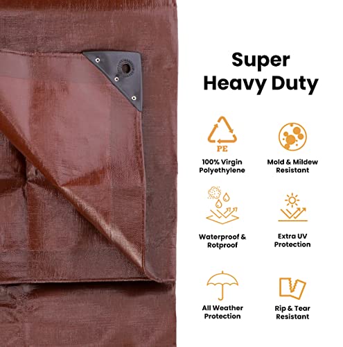 WHITEDUCK 18x24 Tarp 16 MIL Heavy Duty Poly Tarp Waterproof UV Resistant, True to Size, Rust-Proof Grommets, Tear & Rip Resistant, Extra Thick, Camping, Construction, Boat & Equipment Cover - color: Brown- 16 Mil, size: 18' x 24'