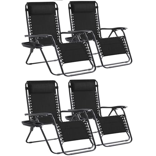 Zero Gravity Chair Set of 4 Oversized Folding Recliner, Padded Anti Gravity Lounge Chair with Adjustable Pillow & Cup Holder for Outdoor Camping, Patio, Poolside, Lawn (Black) - color: Black, size: 4 PCS