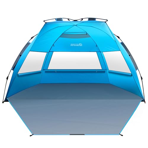 OutdoorMaster Beach Tent Sun Shelter for 3-4 Person, Pop Up Beach Tent Easy Setup with Sandbags, Portable Sun Shade Canopy with Carrying Bag for Beach & Outdoor, UPF50+ UV Protection, Family Size - color: Blue, size: X-Large