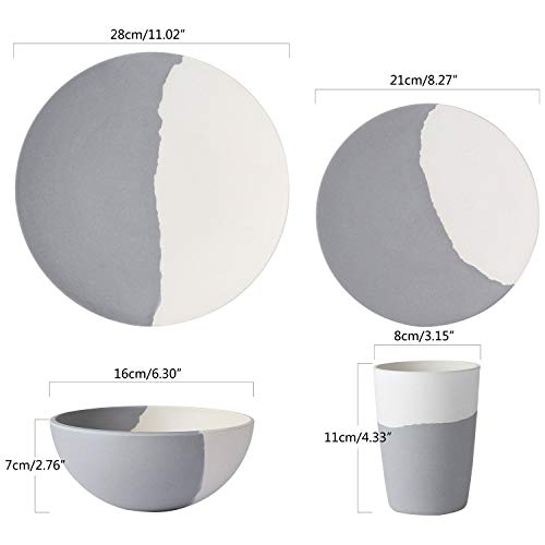 MORGIANA 8 pcs Bamboo Dinnerware Set Reusable Plates Bowls Sets, Camping Picnic Dishes Tableware Set for 2 (Grey & White) - color: Grey & White