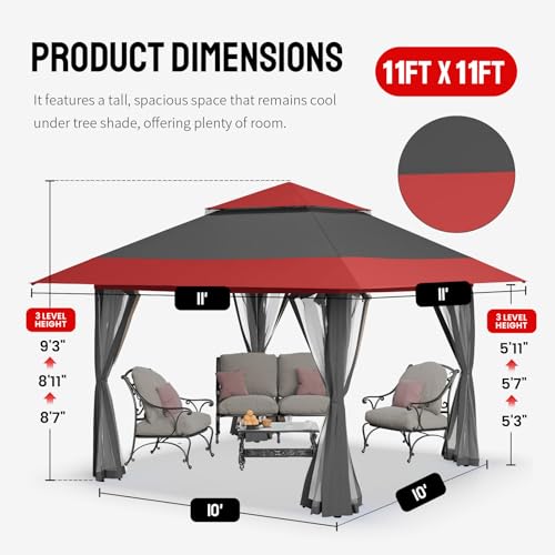 CROWN SHADES 11x11 Pop Up Gazebo, Patented One Push Outoor Canopy Tent with Wheeled STO-N-Go Cover Bag, Pop Up Canopy with Netting for Patio, Backyard (11x11, Red &Grey) - color: Red & Grey, size: 11x11