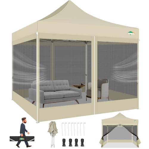 COBIZI 10x10 Canopy Tent with 4 Sidewalls,Heavy Duty Pop up Canopy with Mosquito Netting,Easy up Screen Tent for Parties Wedding Outdoor Camping with Handbag,Khaki - color: Khaki, size: 10x10ft(upgraded)