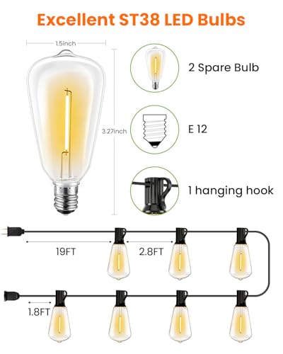 VOLIVO 200FT Outdoor String Lights for Patio, Waterproof Hanging Lights with 65+2 Shatterproof ST38 Edison Bulbs, Dimmable & Connectable Outside String Light for Backyard, Deck, Porch, Balcony - size: 200FT(65 Bulbs)