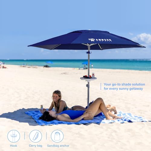 AMMSUN 8ft Large Beach Umbrellas for Sand Heavy Huty Wind Portable Commercial Grade Patio Beach Umbrella with Sand Anchor Hanging Hook Weight Sandbag Adjustable Height Air Vent UPF 50+ Telescoping Pole without tilt Navy - color: Navy