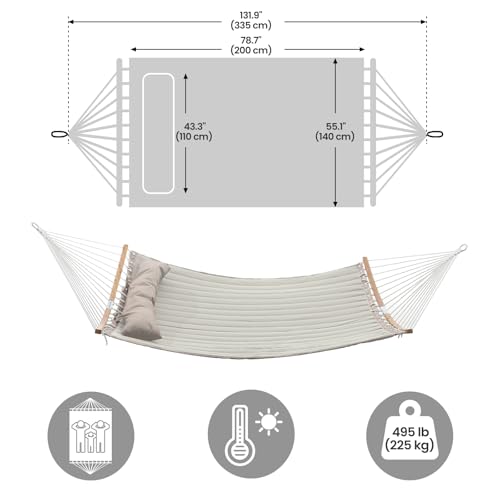 SONGMICS Hammock, Quilted Hammock with Curved Bamboo Spreaders, Pillow, 78.7 x 55.1 Inches, Portable Padded Hammock Holds up to 495 lb, Cream and Beige UGDC34BE - color: Cream + Beige
