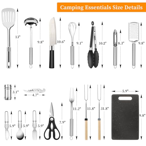Camping Cooking Utensils Set, Stainless Steel Grill Tools, Camping BBQ Cookware Gear and Equipment for Travel Tenting RV Van Picnic Portable Kitchen Essentials Accessories - color: Black-28 PCS