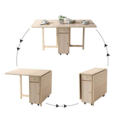 COMUHOME Extendable Drop Leaf Folding Dining Table with 2 Drawers and 4 Wheels for Living Room Kitchen Farmhouse Space Saving Table in Wood Color - color: Wood