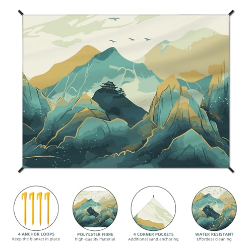 Beach Blanket Waterproof Sandproof Large Beach Mat 83" X 106" for 5-7 Adults Sand Free Mat Quick Drying,Oversized,Lightweight & Durable with 4 Stakes & 4 Corner Pockets for Beach Camping .(Mountain) - color: Mountain, size: 83" X 106"