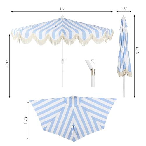 JONATHAN Y Half Umbrella UMB1201J Beverly 9 ft. Designer Classic Scalloped Fringe Market Patio with Crank, Tilt Button and UV Protection in Light Blue/White, White Pole - color: Light Blue/White - White Pole
