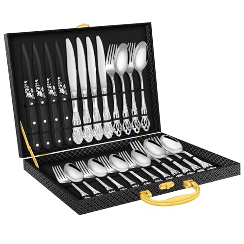 Silverware set for 4,Ollex 24PCS Retro Royal Silver Flatware Set with Box, Food-Grade Stainless Steel Silver Utensil Sets Includes Spoons Forks and Steak Knives, Mirror Finish Dishwasher Safe - color: Silver