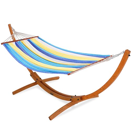 Lazy Daze Hammocks Cotton Fabric Spreader Bar Hammock and 10.5 Ft Wood Arc Hammock Stand Combo, for Outdoor, Indoor, Patio, Backyard, Blue and Yellow - color: Blue and Yellow