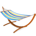 Lazy Daze Hammocks Cotton Fabric Spreader Bar Hammock and 10.5 Ft Wood Arc Hammock Stand Combo, for Outdoor, Indoor, Patio, Backyard, Blue and Yellow - color: Blue and Yellow