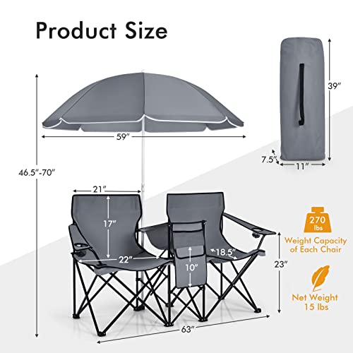 LDAILY LUARANE Folding Double Camping Chair, Outdoor Picnic Chairs w/Removable Umbrella, Mini Table, Cup Holder & Carrying Bag, Portable Camping Loveseat for Patio, Pool, Lawn, Beach, Park (Grey) - color: Grey