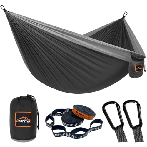 AnorTrek Camping Hammock, Super Lightweight Portable Parachute Hammock with Two Tree Straps Single or Double Nylon Travel Tree Hammocks for Camping Backpacking Hiking - color: Black&gray, size: Double 118''L x 78''W