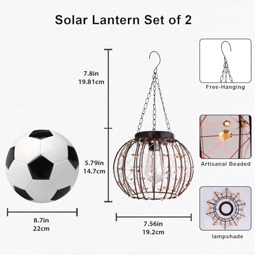 Hanging Solar Lanterns Outdoor Waterproof, Vintage Copper Hanging Lights, Solar Chandelier for Yard Garden Gazebo Pergola Porch Decor, 2 Pack