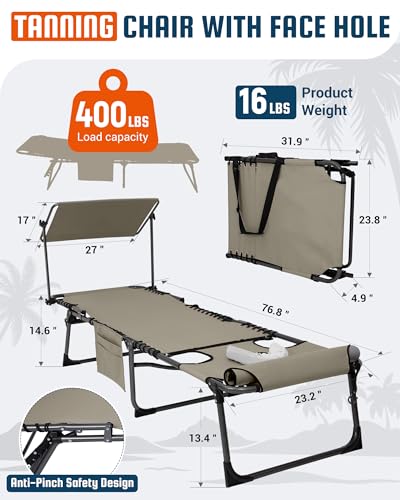 KingCamp Lounge Chair with face Hole & Canopy Shade, 400LBS Folding Portable Tanning Chair with face Hole, Adjustable 5-Position Foldable Beach Sun Tanning Chair for Outside Beach Patio Outdoor Pool - color: C*skyshade Canopy——beige Canopy, style: 400lbs&