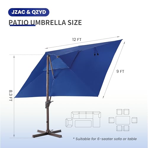 JZAC & QZYD 9x12 FT Outdoor Cantilever Patio Umbrella with LED Lights, Large Heavy Duty 2-Tier Aluminum Offset Umbrellas with 360-Degree Rotation for Pool Deck, Navy - color: Navy, size: 9'×12'