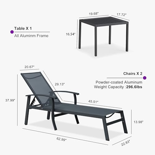 PURPLE LEAF Chaise Lounge Chair Outdoor 2 Pieces Pool Lounge Chairs 5 Adjustable Position with Armrests and Side Table, Aluminum Patio Lounge Chair for Outside, Backyard, Pool, Grey - color: Grey, size: Standard