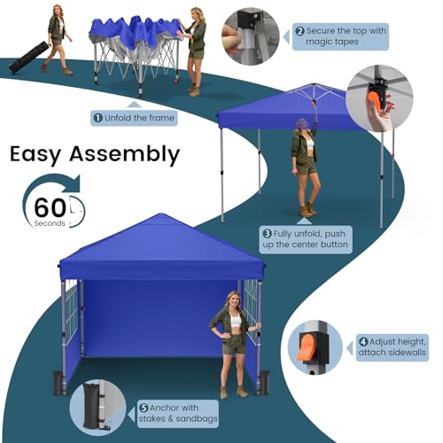 Raynesys Pop Up Canopy Tent with Sidewalls, 10x10ft 10 Person Party Tent One Push Setup, Portable Gazebo Outdoor Sun Shade for Events, Parties, Camping, Commercial, Silver Coated Top, Blue - color: Blue