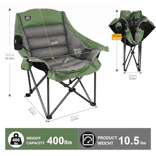 Oversized XL Folding Camping Chair,Heavy Duty Support 400Lbs,Large Comfy Padded Camp Chair for Adults,Lawn Arm Chair w/Cup Holder,Phone Holder,Carry Bag Perfect for Outdoor (Green) - color: Light Green