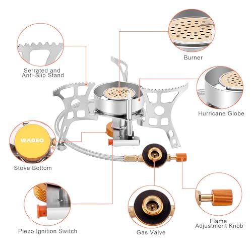 WADEO 3900W Windproof Camping Stove, Camping Gas Stove with Piezo Ignition, Backpacking Stove Portable Camping Stove with Two Fuel Canister Adapter for Outdoor Backpacking Hiking and Picnic - style: 3900W