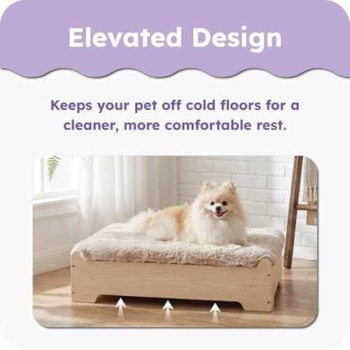 Elevated Wooden Dog Bed with Supportive Cushion & Washable Cover, Sturdy Noise-Free Frame, Modern Furniture-Style Design for Indoor Living Spaces, L Size for Medium to Large Dogs, Natural Wood Finish - size: L_weight Up to 80 Lbs