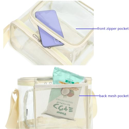 FlowFly Insulated Reusable Lunch Bag Adult Large Lunch Box for Women and Men with Adjustable Shoulder Strap,Front Zipper Pocket and Dual Large Mesh Side Pockets,Clear#Biege - color: Clear#Biege