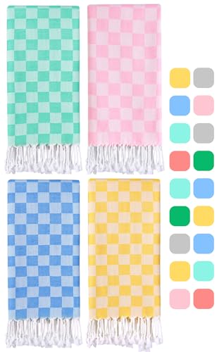 4 Packs Checkered Plaid Turkish Beach Towel Beach Blanket Sandproof Fast Drying Extra Large Match Tote Bag Lounge Chair Umbrella Tent Dress Toys Canopy Outfits Dresses Shirt Cooler Packpack Table - color: 4pcs Mixed, size: 72 X 36 Inch