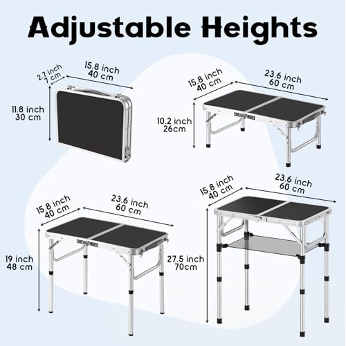 YihuiKo Small Folding Table, Aluminum 24" x 16" Adjustable Height Max 27.5" Folding Camping Table with Carrying Handle, Lightweight, Portable Camp Table for Outdoor Indoor Picnic Beach, Black - size: 24"L x 16"W x 27"H