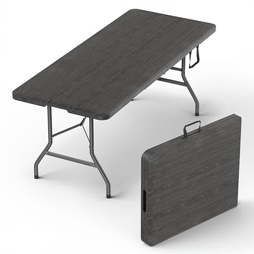 6 Feet Foldable Table with Built in Handle & Steel Legs | 6FT Heavy Duty Folding Portable | Perfect for Party, Dining, Wedding, Events, Picnic Indoor, Outdoor, Camping, Utility, Folding - 6 Foot - color: Black, size: 6 FT