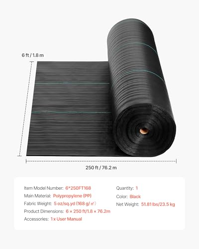 VEVOR Weed Barrier Fabric Heavy Duty, 6x250FT 5oz Landscape Fabric, Woven Weed Blocker Fabrics, Garden Fabrics Weeds Barrier, Weeds Control Ground Cover, Geotextile Webbing, Gardening Mat, Black - size: 6FT*250FT-5oz