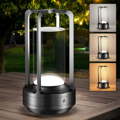 Portable Table Lamp for Outdoor Indoor: Cordless Rechargeable Desk Lamp with 3 Color Stepless Dimmable - Metal Battery Operated Lantern Light for Bedroom/Bar/Coffee Shop/Camping (Graphite) - color: Graphite