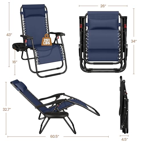 Yaheetech Zero Gravity Recliners Outdoor Adjustable Folding Reclining Lounge Chairs w/Pillows, Cup Holder Trays and Carry Strap for Patio Backyard Beach Navy Blue Set of 2 - color: Navy Blue