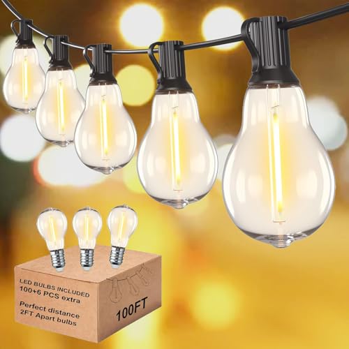 Outdoor String Lights 100FT Waterproof LED Outdoor Lights for Patio with 53 Shatterproof LED Bulbs (3 Spare),Outside Hanging Light for Party, Bistro, Gazebo, Backyard, Garden,Black Cord - color: Black, size: 100ft