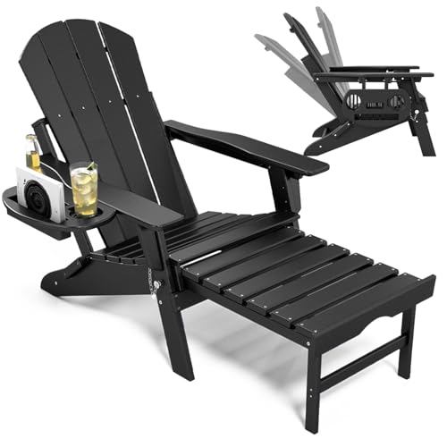 NAVINE Adjustable Adirondack Chair with Retractable Ottoman, HDPE Folding Adirondack Chair with Cup Holder, All Weather Fire Pit Chair for Outdoor. - color: Black, size: 1 pc