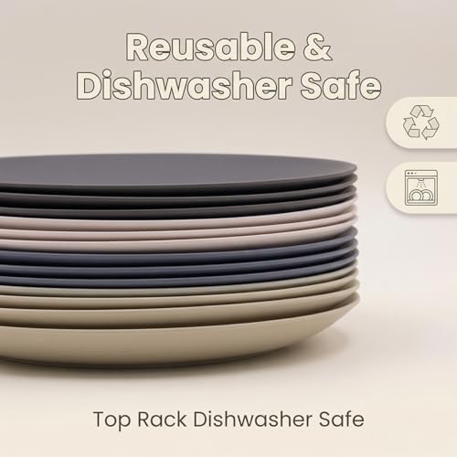 AOYITE Plastic Dinner Plates Reusable, Unbreakable Salad Plates set of 12, BPA Free Microwave & Dishwasher Safe Party Plate for Any Occasion, BBQ, Travel, Events - color: Neutral Tones
